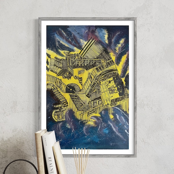 Wall Art Oil on Canvas Painting Escher Relativity composition in Cosmic Infinity background. Ascending Descending stairs Home Decor