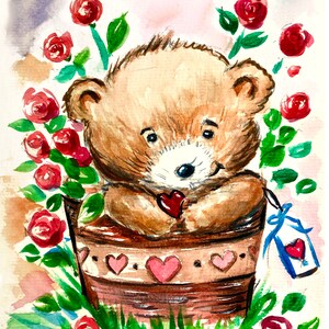 I Love You Card Cute Bear Romantic Original design One of a Kind Watercolor Heart Roses Card Boyfriend / Girlfriend Gift Card for Him / Her image 2