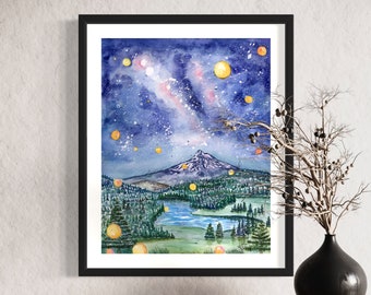 Wall Art Magical Mt. Mount Thielsen Watercolor Painting Lights of Hope. High Quality Print on Fine Art Paper Gift PNW Mountain Forest lovers