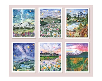 Watercolor Mountains Set of 6 Greeting Cards PNW Mountains Paintings Mount Rainier Mt Hood Mt Jefferson Mt Thielsen Mt Bachelor Mt Baker