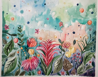 Pintura em aquarela original arte de parede jardim tropical dália rosas arte botânica jardim amante presente colorido arte de parede bromélia flor exótica