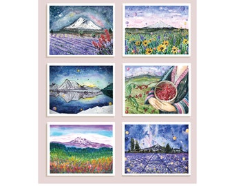 Conjunto de 6 cartões de felicitações de montanhas em aquarela Pintura de montanhas PNW Monte Shasta Mt Hood Mt Adams Campos de lavanda Parque Nacional Glacier