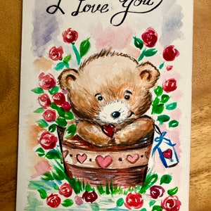 I Love You Card Cute Bear Romantic Original design One of a Kind Watercolor Heart Roses Card Boyfriend / Girlfriend Gift Card for Him / Her image 3