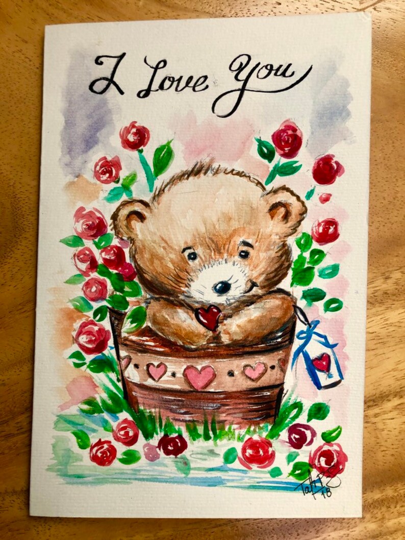 I Love You Card Cute Bear Romantic Original design One of a Kind Watercolor Heart Roses Card Boyfriend / Girlfriend Gift Card for Him / Her image 3