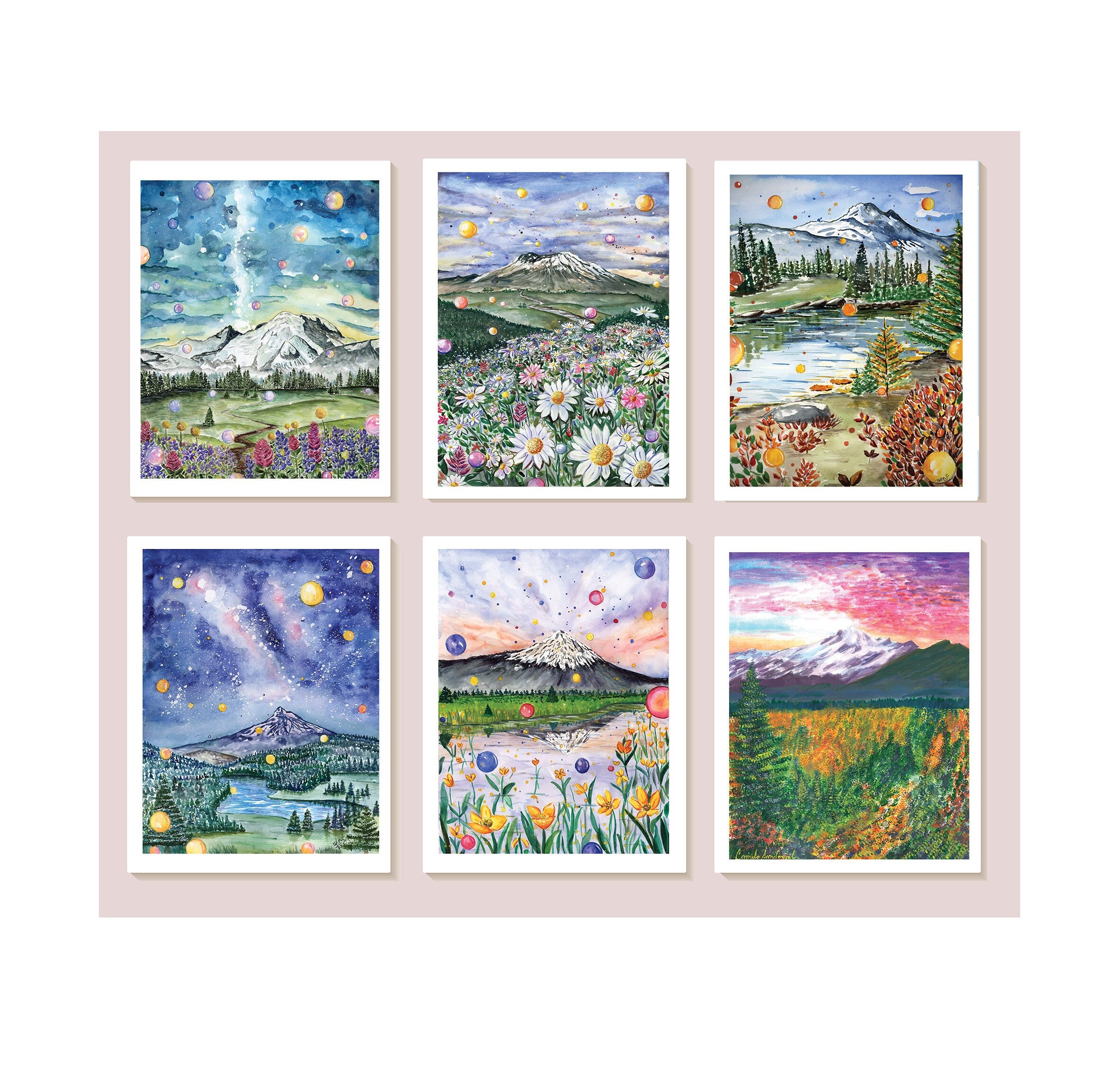 Conjunto de 6 cartões de felicitações de montanhas em aquarela PNW Mountains Paintings Mount Rainier Mt Hood Mt Jefferson Mt Thielsen Mt Bachelor Mt Baker