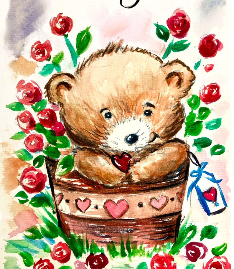 I Love You Card Cute Bear Romantic Original design One of a Kind Watercolor Heart Roses Card Boyfriend / Girlfriend Gift Card for Him / Her image 2