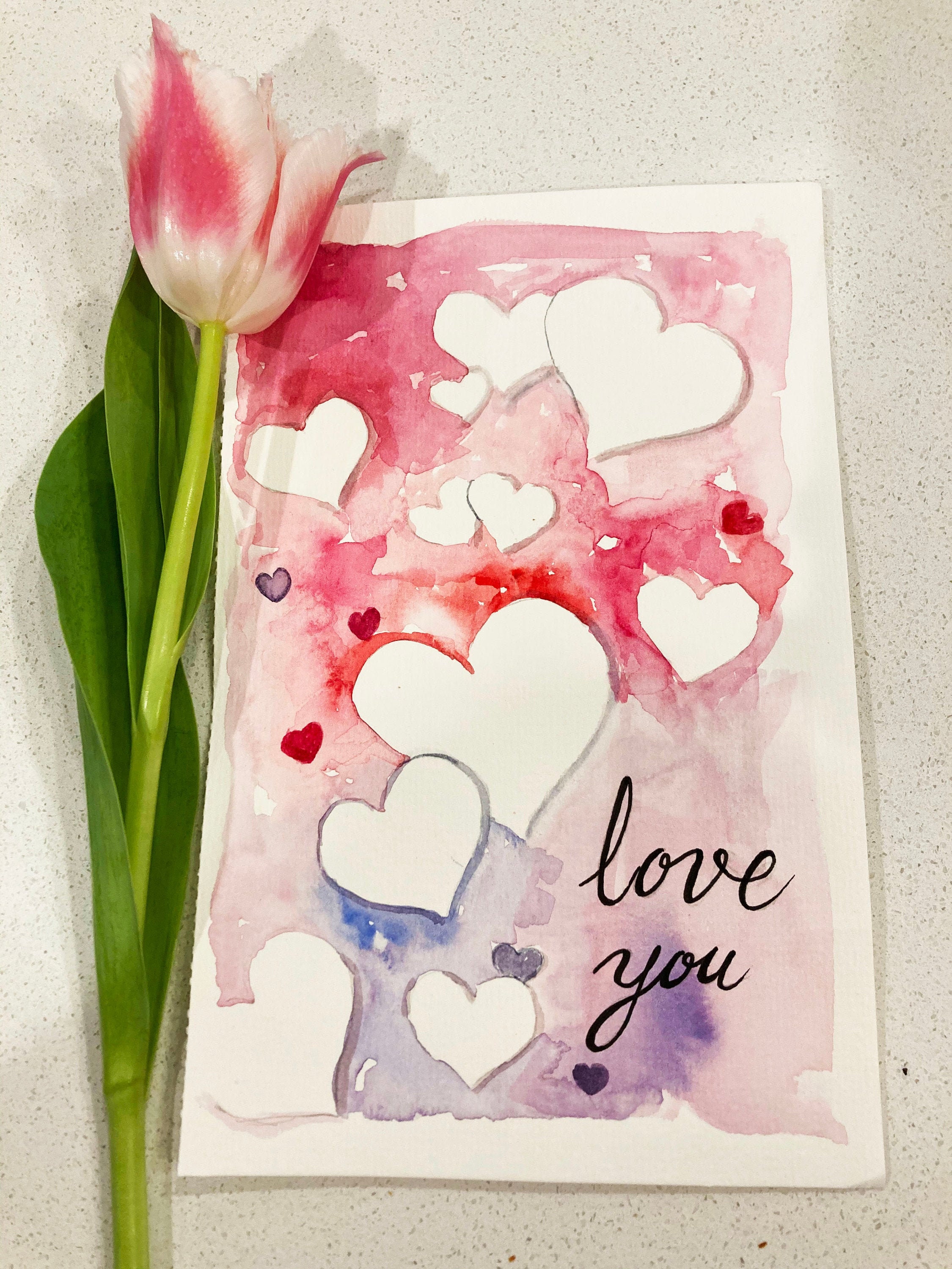 Valentines Day Gift Watercolor card Love You Handmade | Etsy