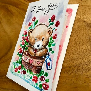 I Love You Card Cute Bear Romantic Original design One of a Kind Watercolor Heart Roses Card Boyfriend / Girlfriend Gift Card for Him / Her image 4