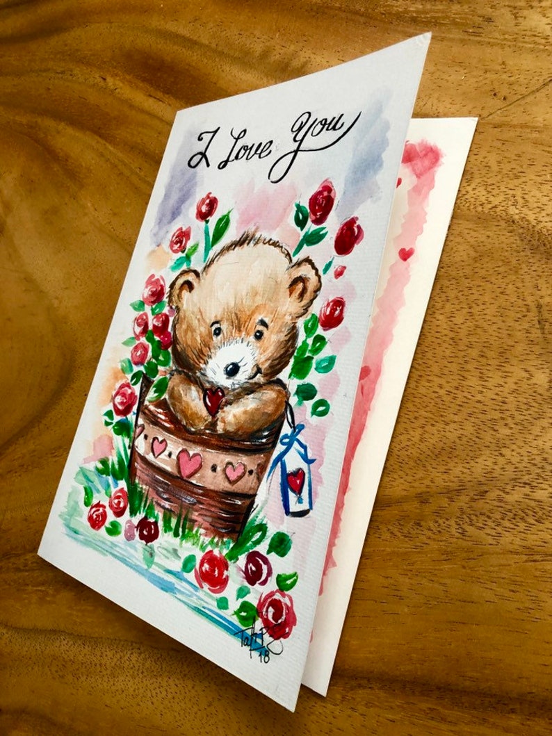 I Love You Card Cute Bear Romantic Original design One of a Kind Watercolor Heart Roses Card Boyfriend / Girlfriend Gift Card for Him / Her image 4