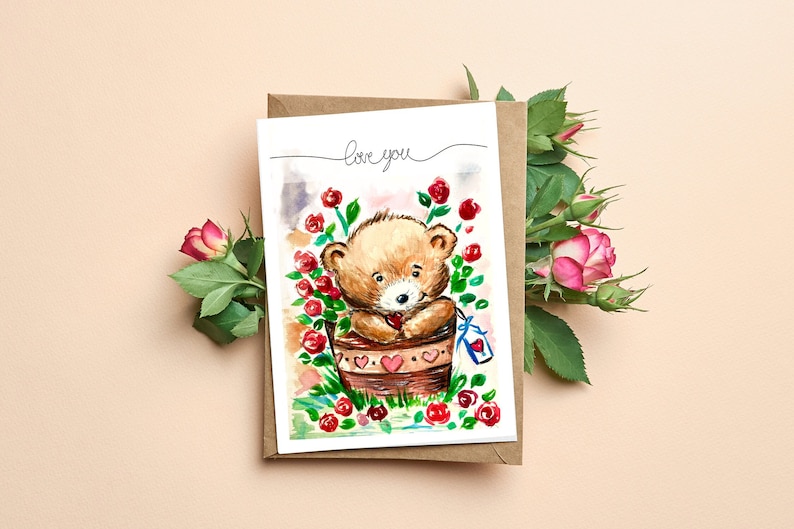 I Love You Card Cute Bear Romantic Original design One of a Kind Watercolor Heart Roses Card Boyfriend / Girlfriend Gift Card for Him / Her image 1