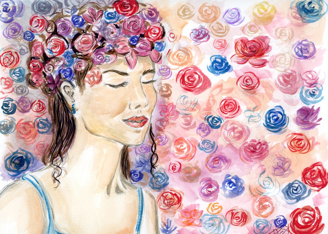 Portrait Wall Art, Woman With Flowers, Femme Wall Art, Portrait