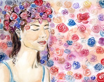 Portrait Wall Art, Woman with Flowers, Femme Wall Art, Portrait Painting, Woman Flower Crown, Female Artists, Watercolor Painting Print