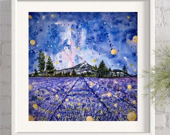 Original acuarela pintura arte da parede campo de lavanda montanha oregon capa rio vale paisagem mágica decoração da parede montagem capa montanha gelo