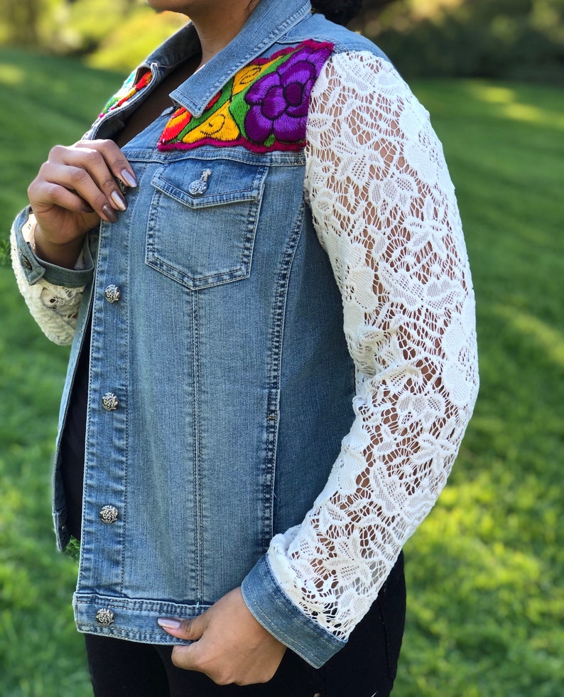 denim jacket with lace sleeves