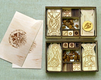 Orlog - Viking board game (20х2 Gods, 6х2 Dice, 15х2 tokens, 15/15х2 stones, 2 wooden box and 1 coin) Christmas gift.