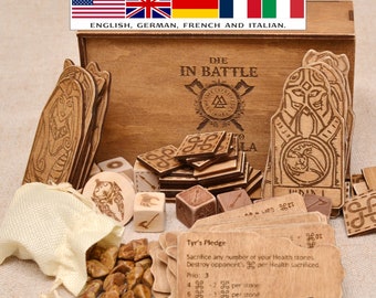 Orlog Game Set. 20 Gods, 12 Dice, 30 tokens, 30 stones, 1 wooden box.