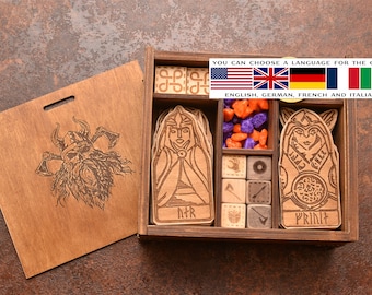 Orlog Game Set (20 Gods, 30 tokens, 30 stones, 12 Dice, 1 wooden box)