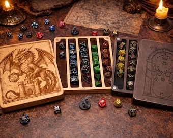 de dés en bois faits main | Couvercle gravé d'un dragon | Stockage de dés Donjons & Dragons