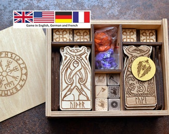 Orlog Game Set (40 Gods, 40 tokens, 30 stones, 12 Dice, 1 wooden box) Christmas gift.