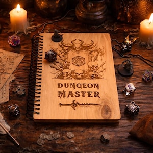 May include: A wooden notebook with the words "Dungeon Master" engraved on the cover, surrounded by skulls and a fantasy design. The image includes dice, candles, and a map, creating a tabletop gaming theme.