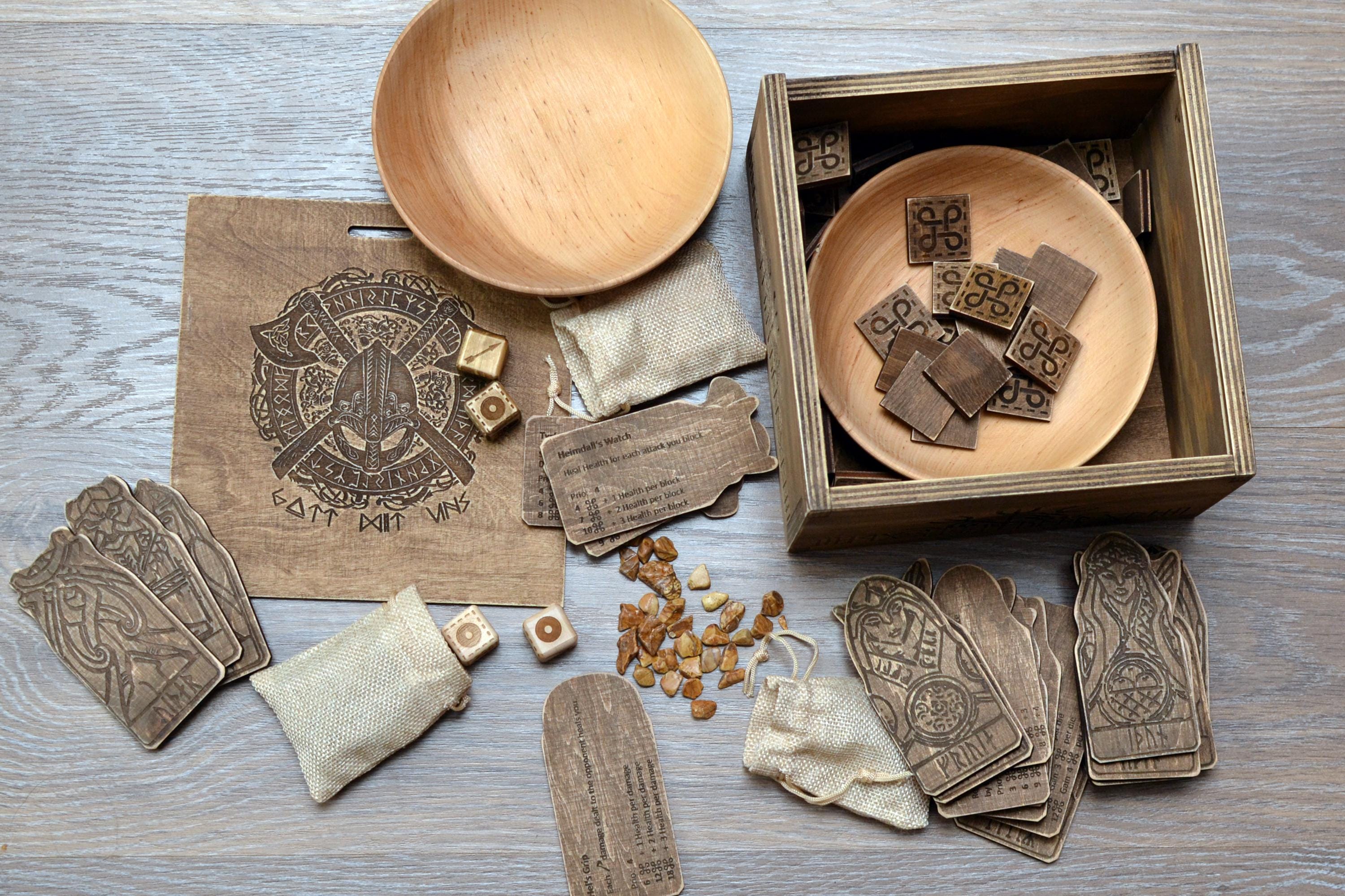 READY TO SHIP! Orlog Game Set (20 Gods, 15x2 tokens, 15x2 stones, 6x2 Dice,  2 wooden plate , 1 wooden box.