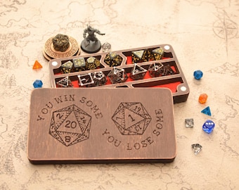 Boîte à dés en bois personnalisée - Rangement pour dés RPG artisanal avec plateau à roulettes