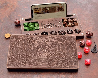 Boîte à dés en bois personnalisée avec emplacement magnétique pour sorts, idéale pour les aventures de JDR D&D.