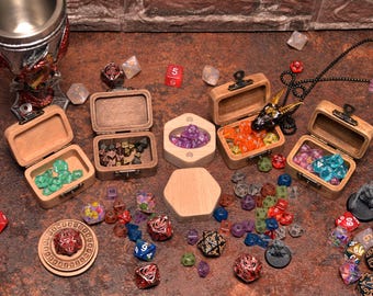 Walnut Wooden Dice Box: Mini Metal Dice, DnD RPG