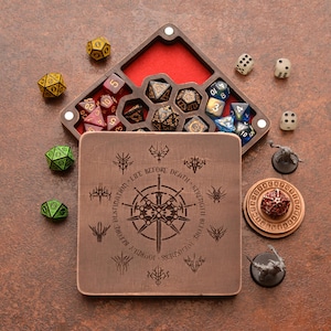 5 Set Dice Organizer - Custom DnD Dice Box - Handcrafted RPG Dice Holder - Wood Dungeon Master Gift.