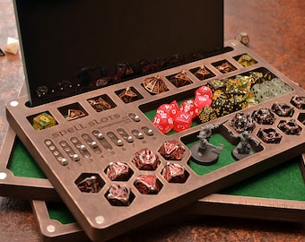 Boîte à dés D&D personnalisée avec système de suivi des sorts magnétique, coffre-fort de dés personnalisé