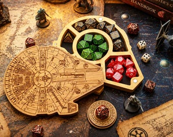 Coffret de dés en bois Star Ship : plateau de rangement gravé personnalisé