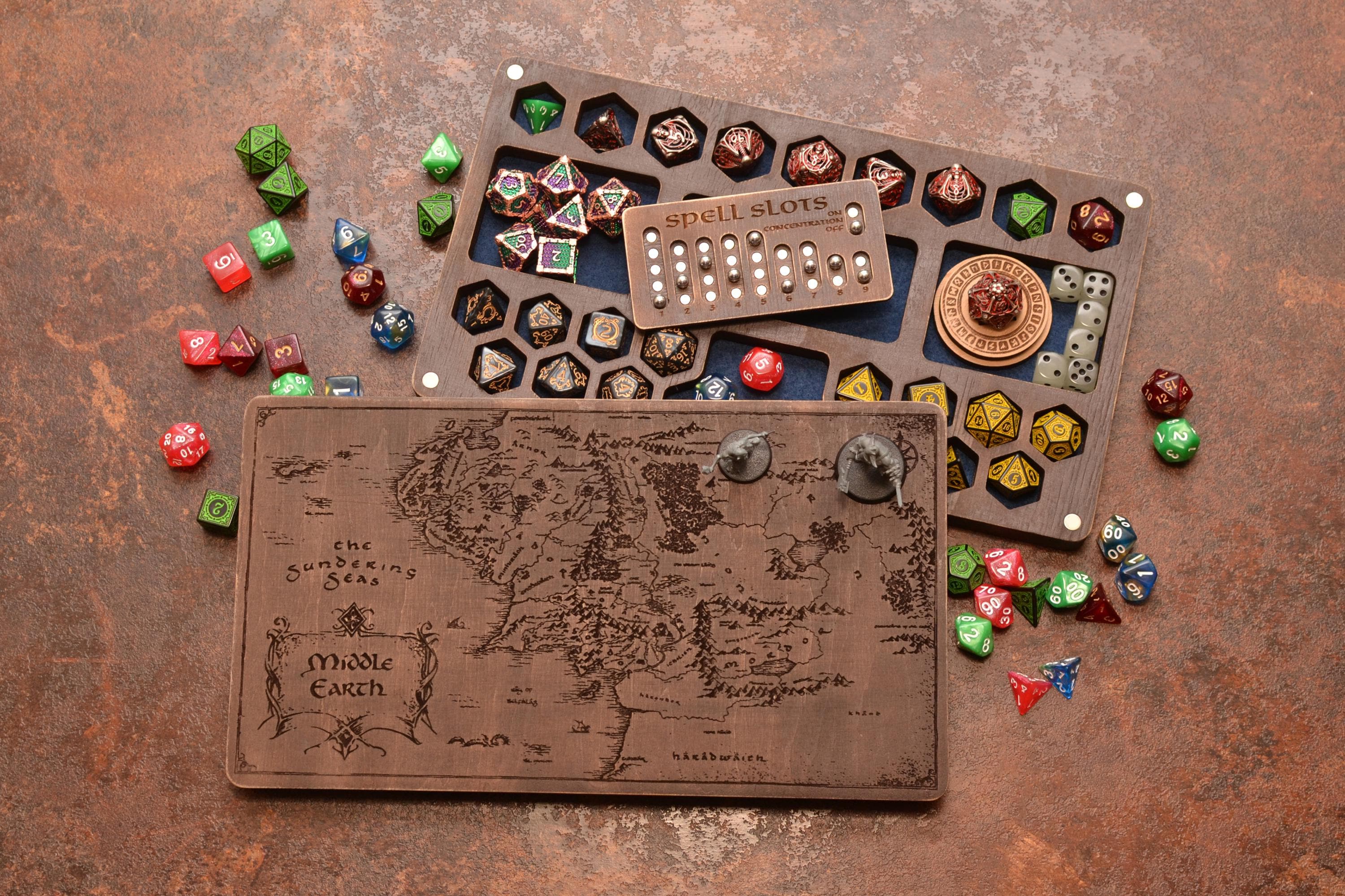 Personalized Dungeons and Dragons Dice Box with Magnetic Tracker: Middle Earth & Faerun Maps