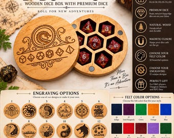 Handcrafted Wooden D&D Dice Box, 7-Piece Dice Set, Custom Engraving (RPG Gift)