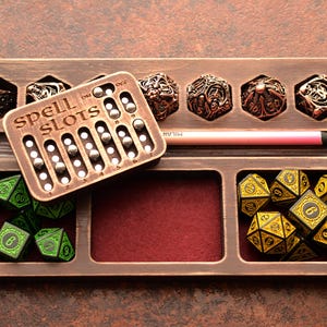 Dungeons and Dragons Dice Box. Wood Dice Storage. Separate cells for expensive or metal stones. Magnetic Spell Slot Tracker.