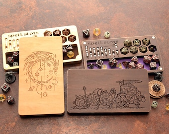Kit de démarrage pour D&D Player. Coffre-fort en bois personnalisé pour les dés du M&D avec système de suivi des sorts magnétique.