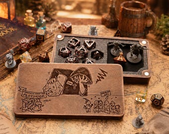 Boîte et plateau de dés en bois fabriqués à la main - Étui de rangement pour dés RPG, cadeau Dungeon Master, gravure personnalisée