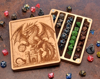 Handmade Wood Dice Box Set | Dragon Engraved Lid | Dungeons & Dragons Dice Storage
