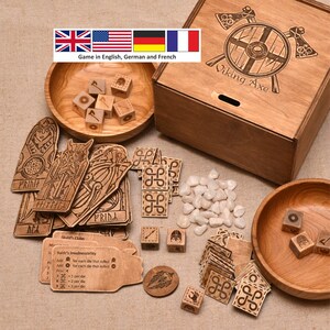 Orlog - Board Game for 2 Players (20 Gods, 15x2 tokens, 15x2 stones, 6x2 Dice,  2 wooden plate , 1 wooden box and 1 coin)