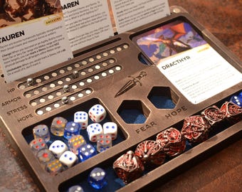 Handmade Daggerheart tray & Storage with built-in magnetic RPG tracker, Card box