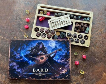 Boîte à dés UV Bard personnalisée | Plateau de rangement en bois pour les dés RPG | Suivi des emplacements de sorts D&D