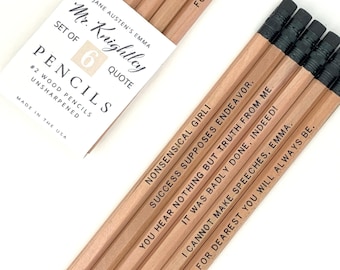 Emma Book Quote Pencils, Jane Austen Bookish Gift, Set of Six Mr. Knightley Quote Pencils