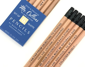 Mr. Collins Pride and Prejudice Pencil Set, Funny Jane Austen Gift, Classic Book Quote Pencils, Book Lover Gift, Bookish Engraved Pencils