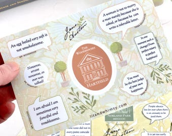 Hoja de pegatinas divertidas de Jane Austen con citas de Emma, pegatinas cortadas con besos de Light Academia para diario de lectura, planificador o Kindle