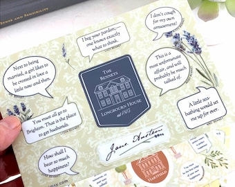 Hoja de pegatinas de Orgullo y prejuicio, pegatinas de vinilo con cita de libro de Jane Austen para computadora portátil, botella de agua, diario de lectura o Kindle
