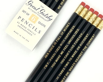 Great Gatsby Quote Pencils, F Scott Fitzgerald Bookish Gifts