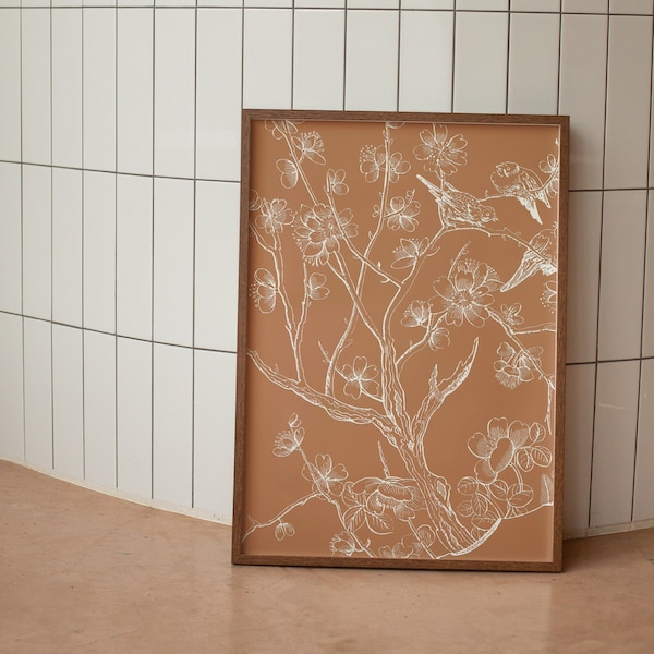 White botanical terracotta Print, Terracotta Art, Flower Art, Floral Illustration, Terracotta Botanical, Birds Print