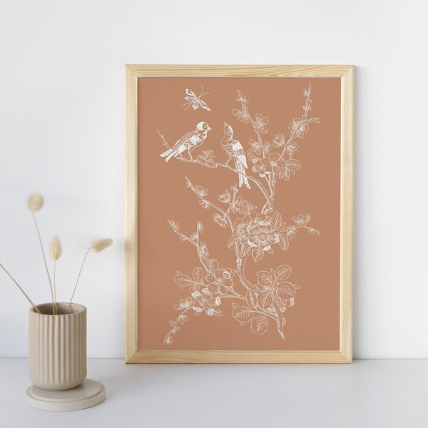 White branch terracotta Print, Terracotta Art, Flower Art, Floral Illustration, Terracotta Botanical, Birds Print