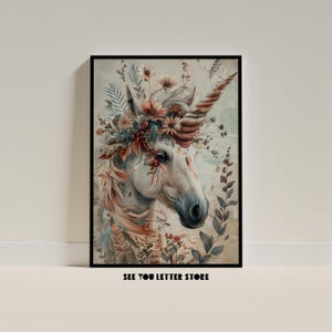 Licorne enchantée Poster Floral Fantasy Art numérique surréaliste, cadeau imprimable pour une décoration de chambre