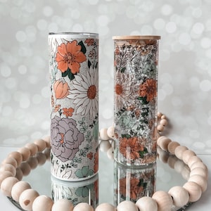 Floral Glass Tumbler with Bamboo Lid & Straw - 25oz Iced Coffee Cup