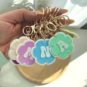 Custom keychain with floral initial tag, retro flower backpack charm, aesthetic personalized gift for bags and keys